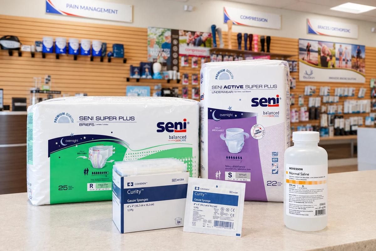 Seni incontinence briefs and underwear with Curity gauze and McKesson saline displayed in MedEquip Shop's showroom
