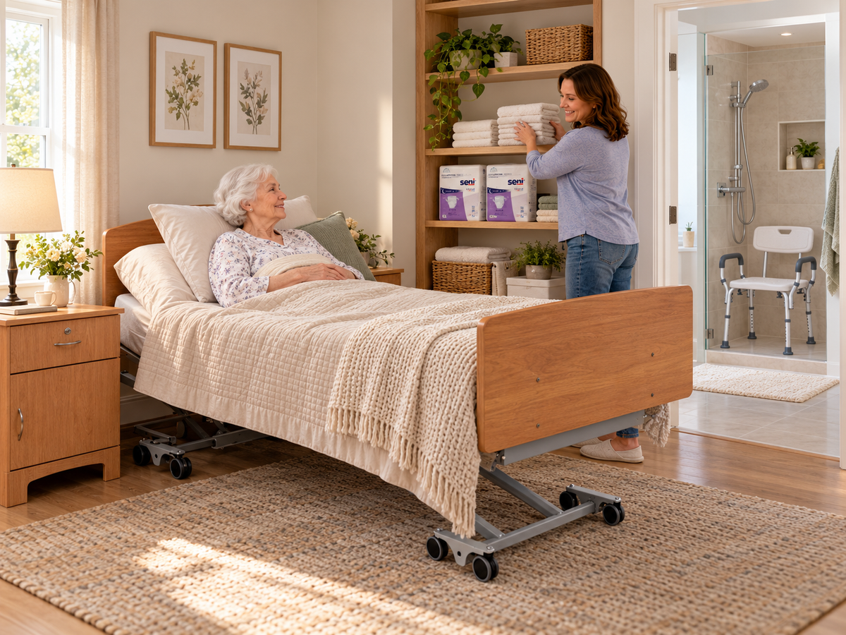 Home care with a patient resting in a Drive hospital bed, stocked shelves and a white shower chair