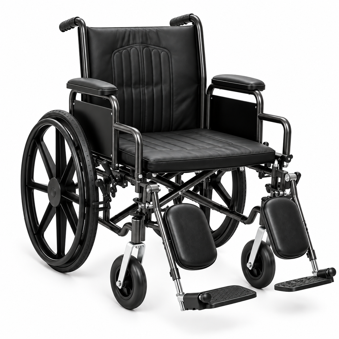 Heavy duty wheelchair, forward-facing three-quarter view on white