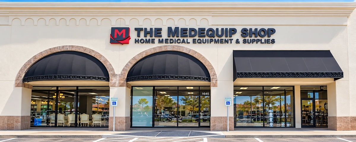 The MedEquip Shop storefront in Houston with its original sign and three storefront bays