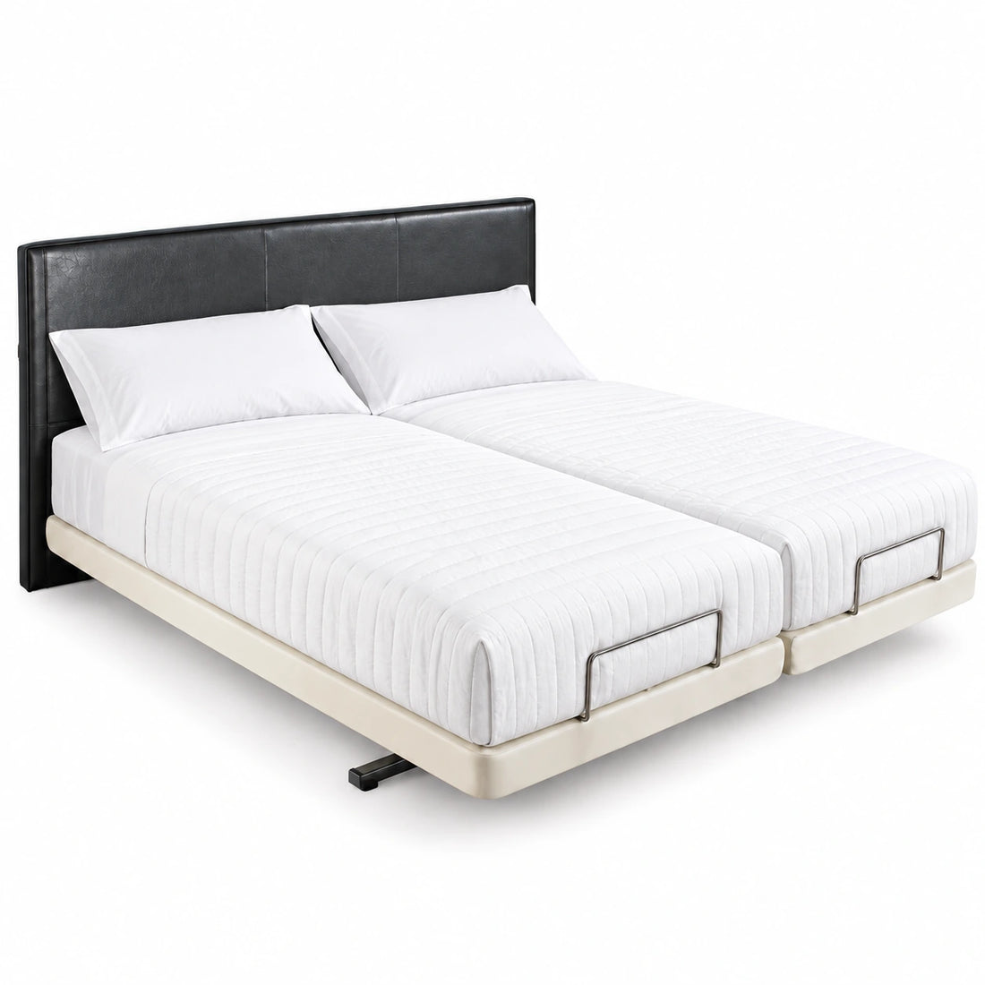 Supernal Hi-Low Bed with white bedding and pillows