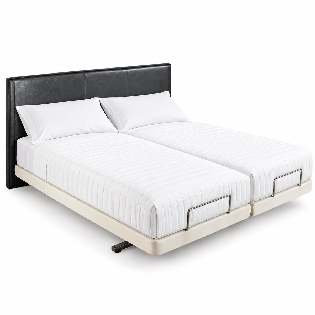 Supernal Hi-Low Bed with white bedding and pillows