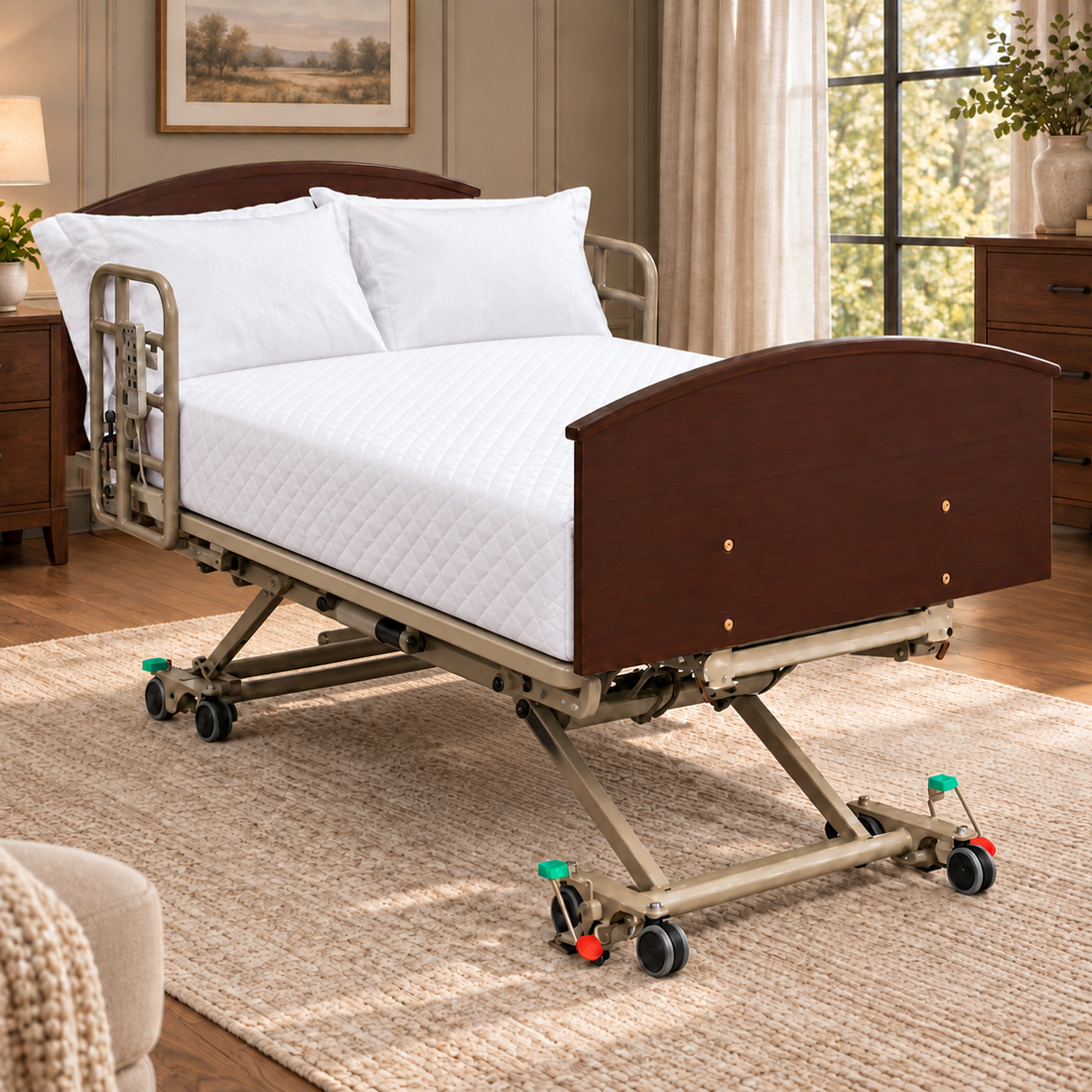 Drive Prime Care P903 hospital bed with white quilted bedding tucked neatly around the mattress