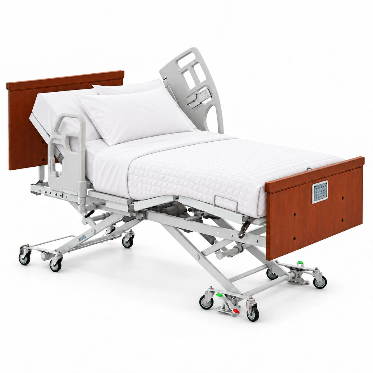 Advantage Ready Wide Hospital Bed with white bedding and pillows, foot facing right
