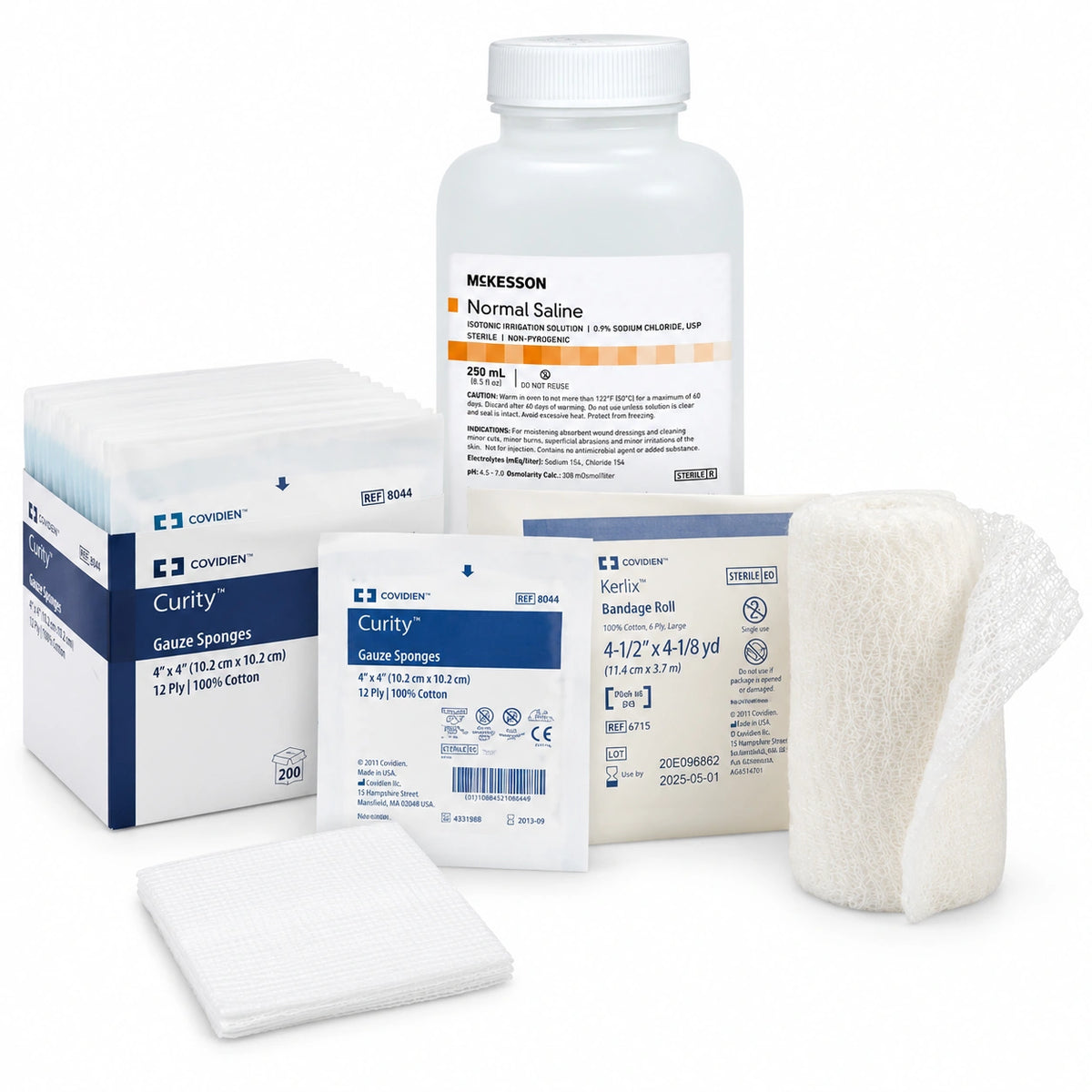 Curity™ Gauze Sponges 4" X 4", Normal Saline (250mL), Kerlix Coviden Bandage Roll 4-1/2 X 9.3 - 6715