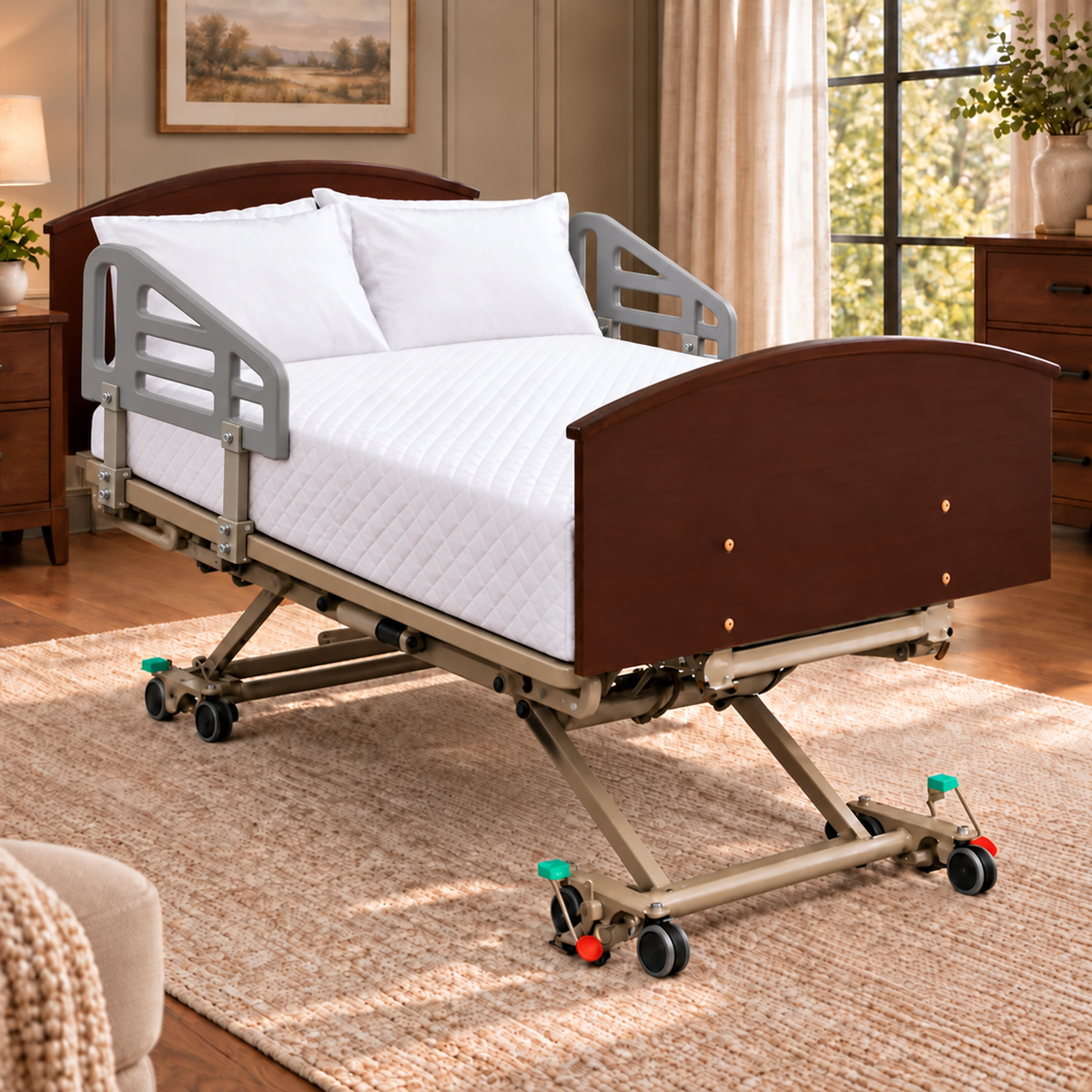 Comfort 42 Wide hospital bed with gray plastic rails visibly mounted to the bed frame below the mattress