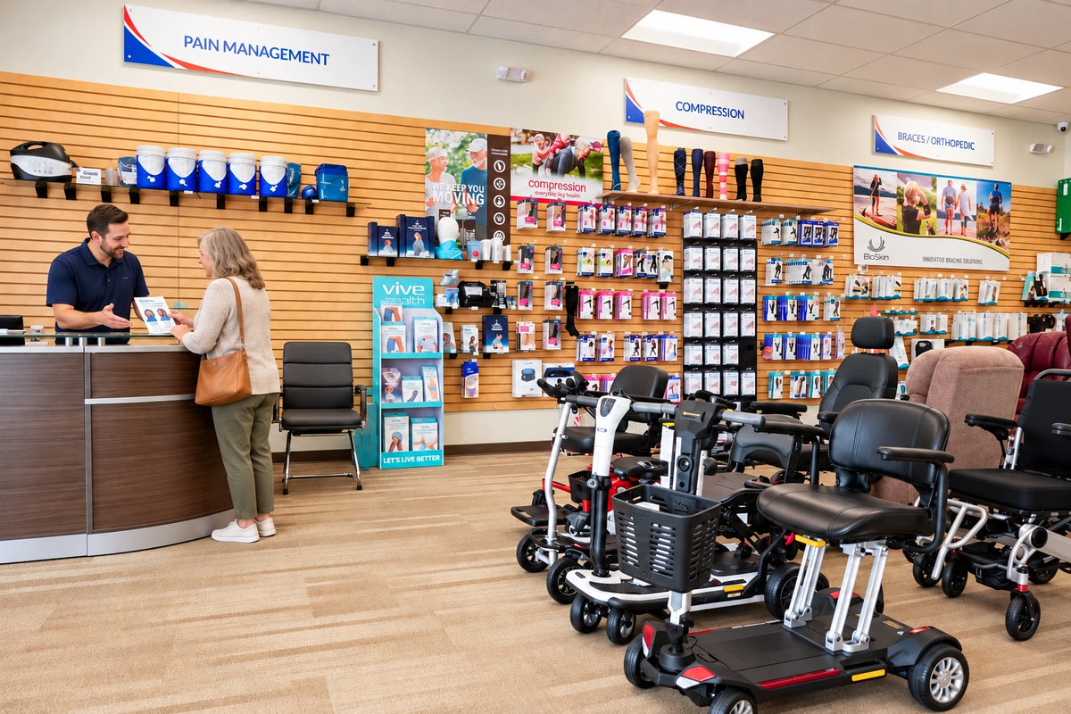 MedEquip Shop showroom with neatly arranged medical equipment and a customer-service scene at the counter