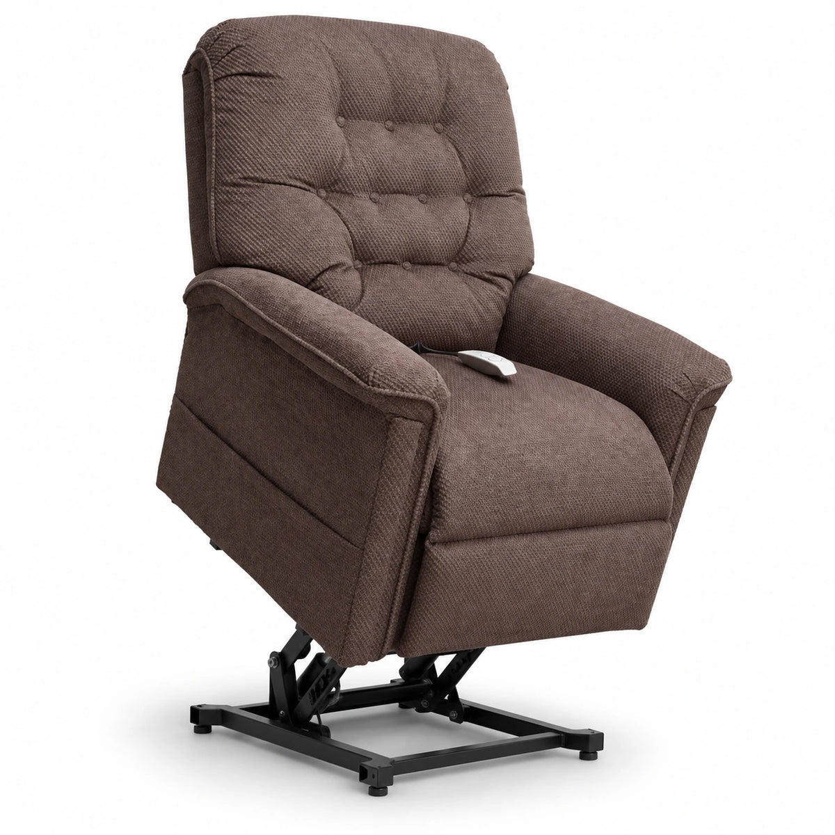 Pride Heritage LC-358 brown button-tufted fabric chair shown in the raised lift position on a white background
