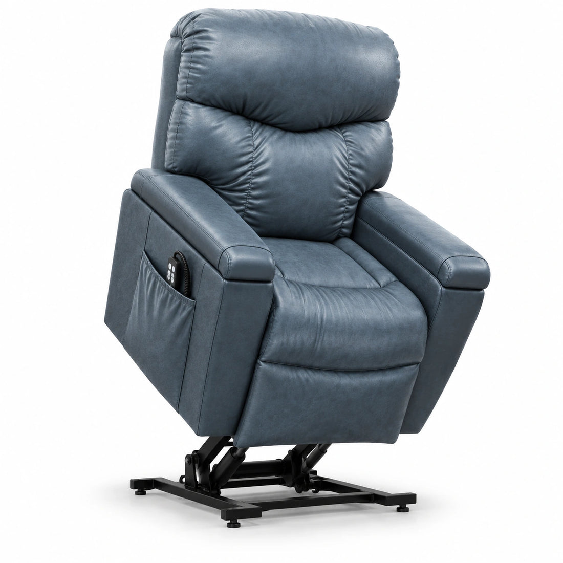 Golden PR511 LARGE blue-gray chair at the far RIGHT of the source photograph shown in the raised lift position on a white background