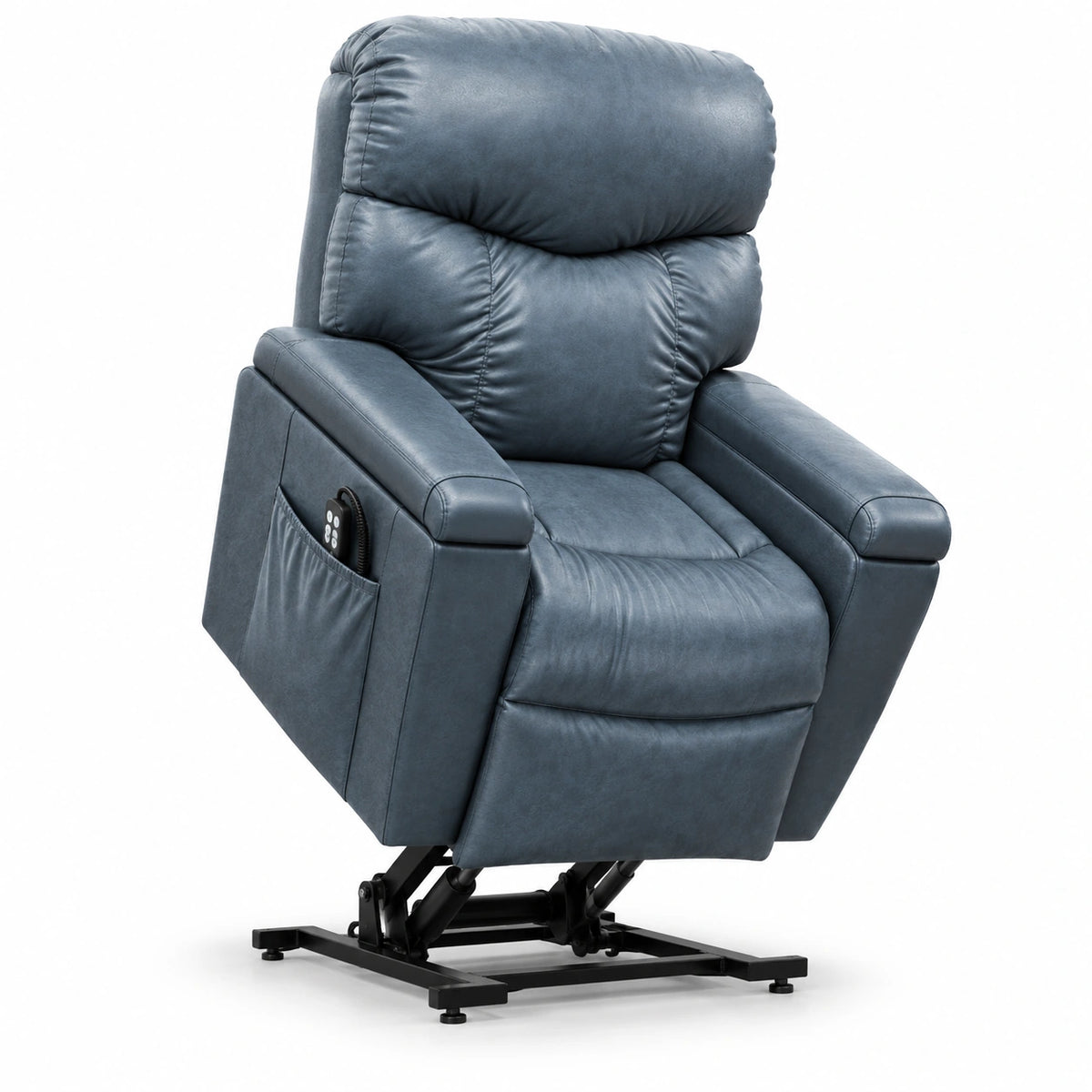 Golden PR511 LARGE blue-gray chair at the far RIGHT of the source photograph shown in the raised lift position on a white background