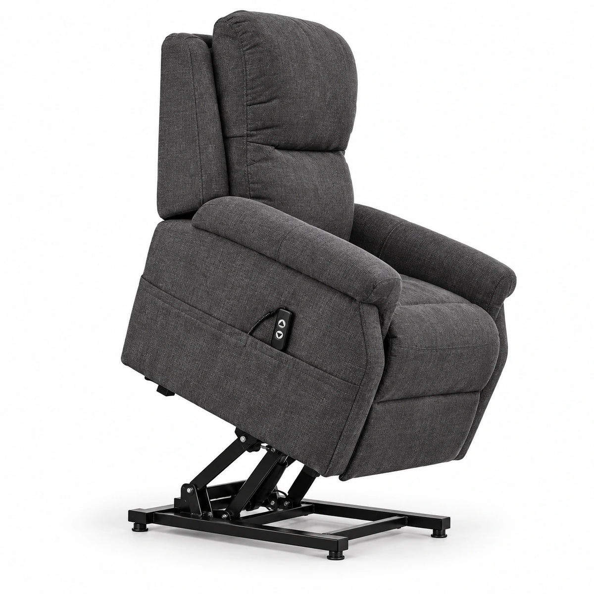 Pride VivaLift Metro 2 gray textured fabric chair shown in the raised lift position on a white background