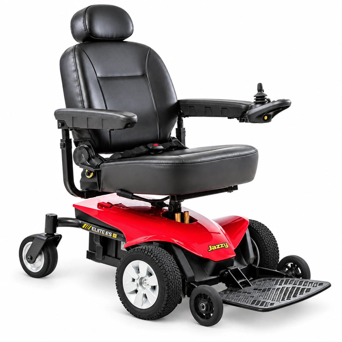 Pride Jazzy Elite ES red and black power wheelchair, facing right on a white background