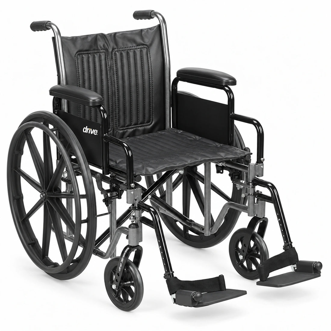 Drive Silver Sport 2 black upholstery manual wheelchair, facing right on a white background