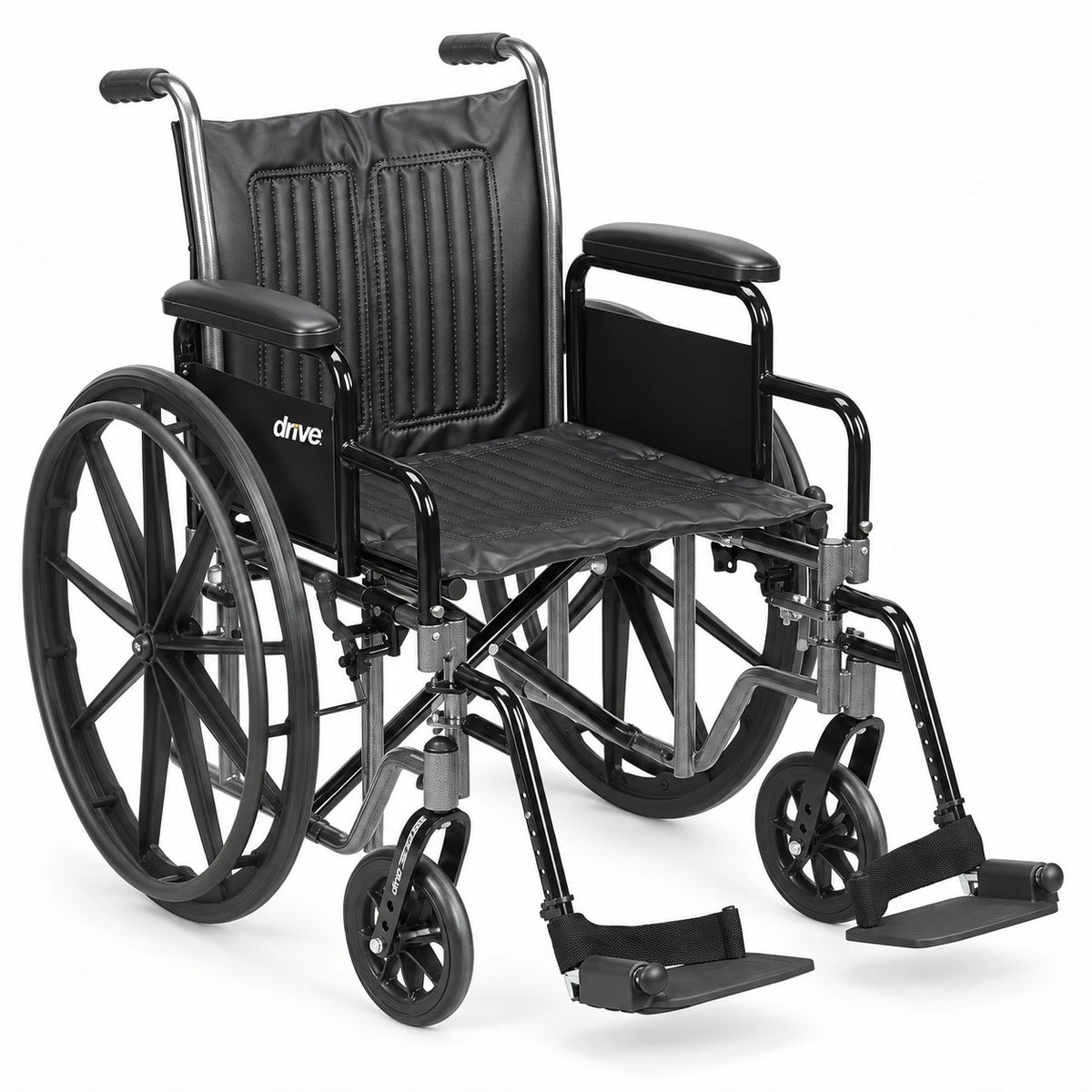 Drive Silver Sport 2 black upholstery manual wheelchair, facing right on a white background