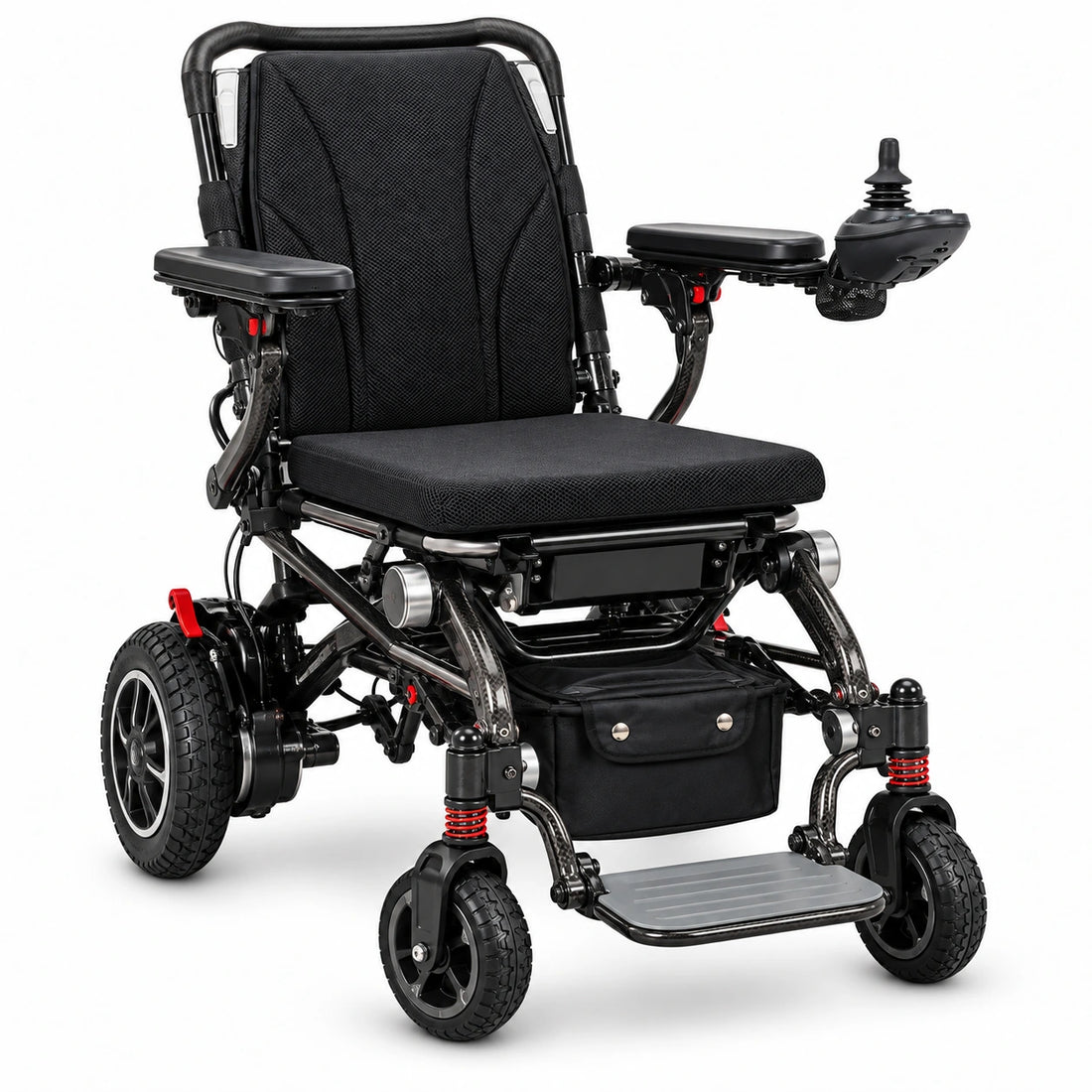 Pride Jazzy Carbon black folding power wheelchair, facing right on a white background