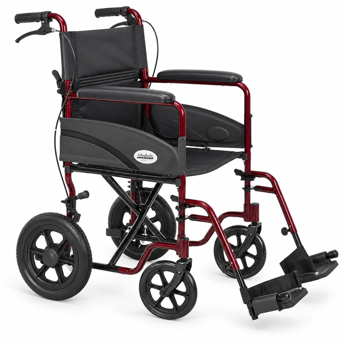 Rhythm Healthcare L3019BG burgundy transport wheelchair with 12 inch rear wheels, facing right on a white background