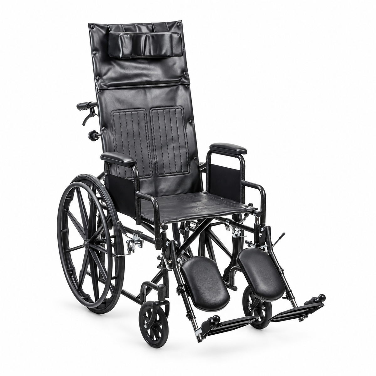 reclining wheelchair, front three-quarter view on white background