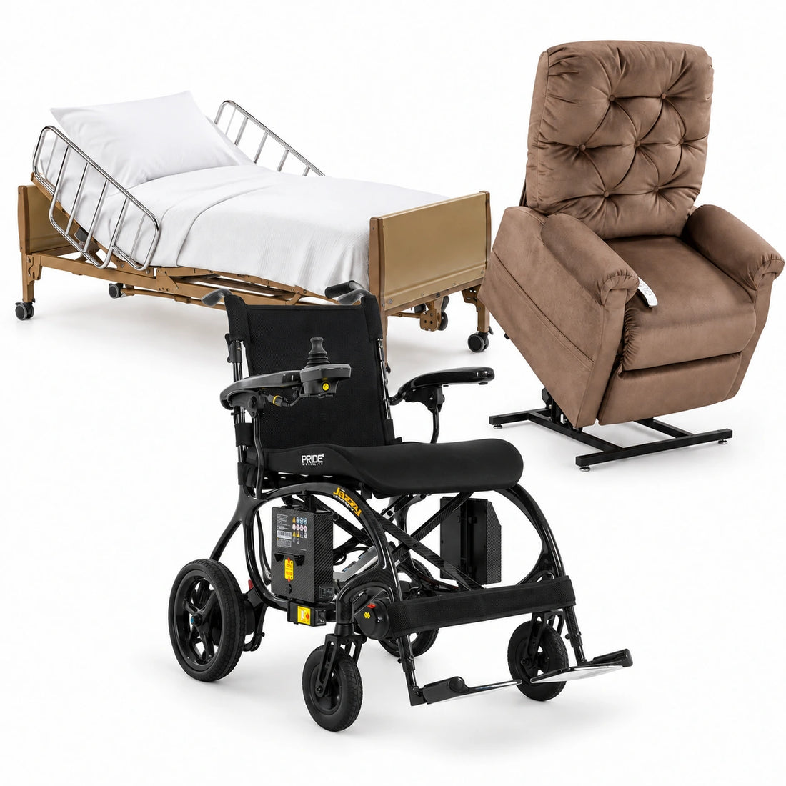 Medical equipment rentals with hospital bed, raised lift chair and Pride Jazzy Carbon 27X power wheelchair on white background