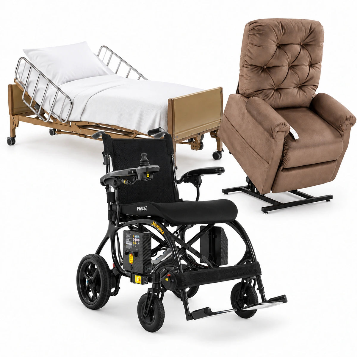 Medical equipment rentals with hospital bed, raised lift chair and Pride Jazzy Carbon 27X power wheelchair on white background