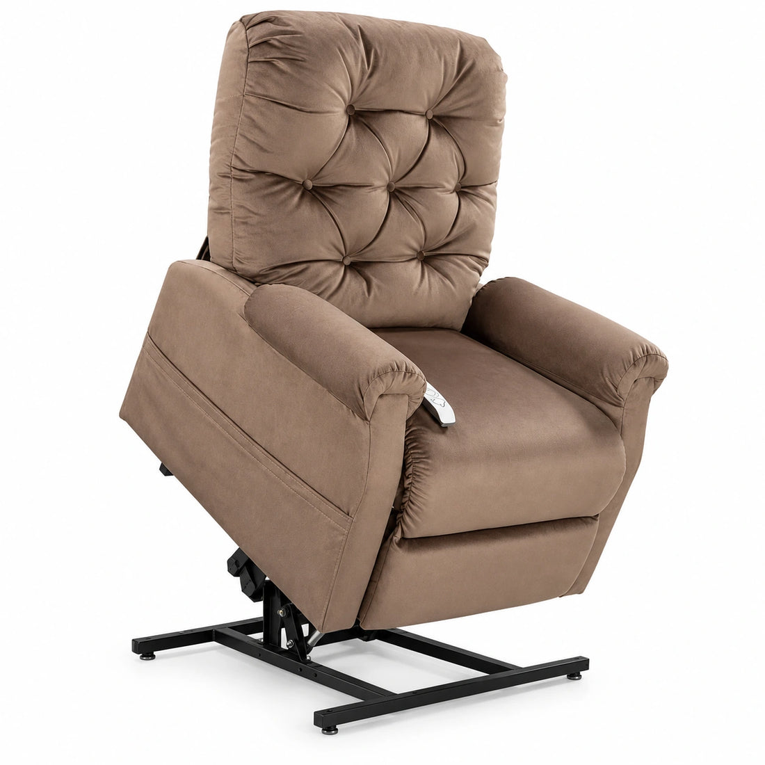 Taupe rental lift chair in raised stand-assist position, facing right on a white background