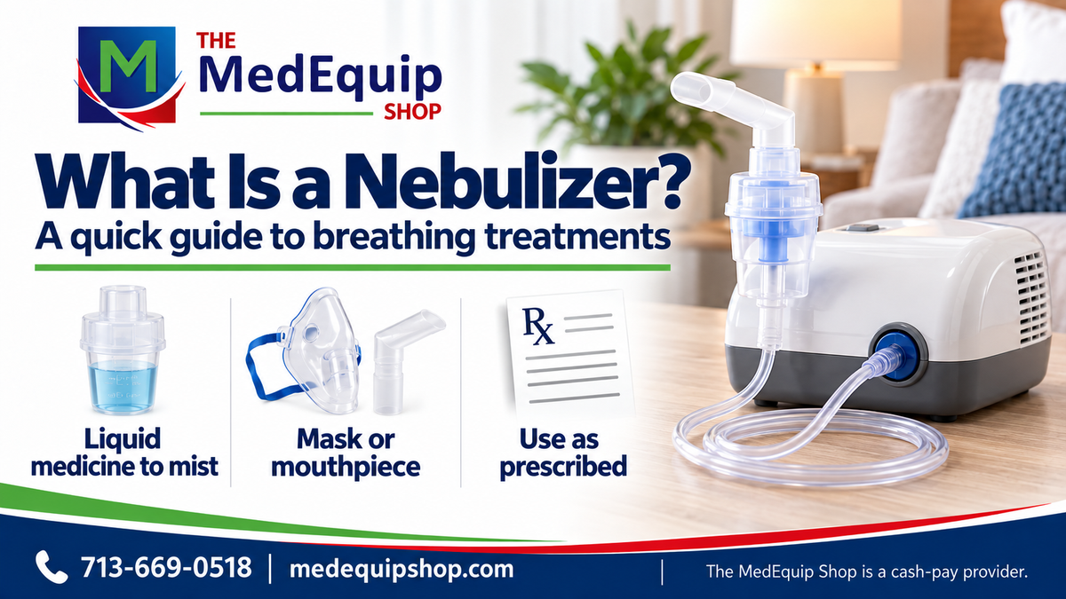 What is a nebulizer? Illustrated overview of medicine mist, masks or mouthpieces, and prescribed use.