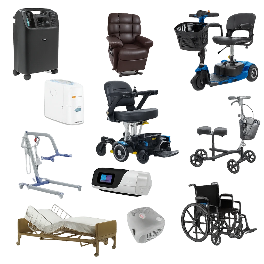 Collage of various medical and mobility devices on a white background